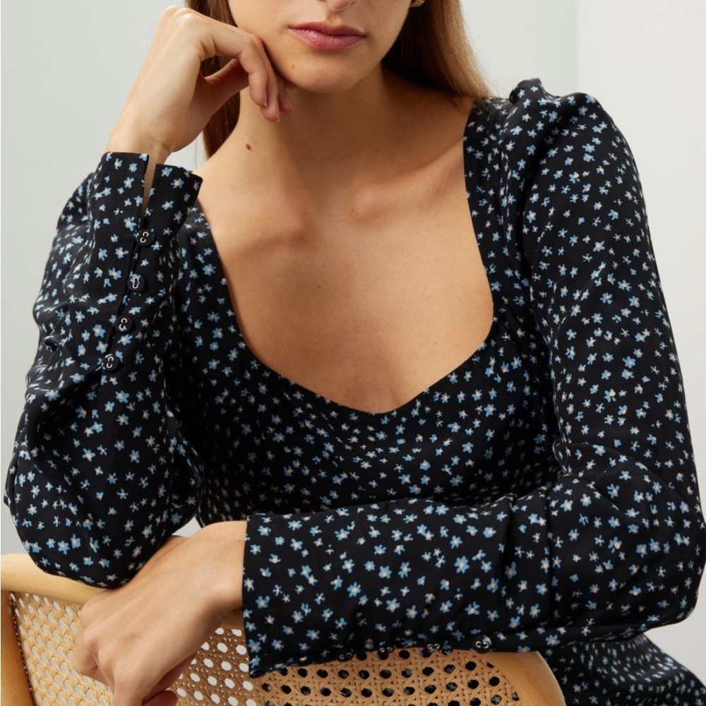 Madewell Seamed Long Sleeve Mini Dress Size 4 In Ditsy Floral Blue NWT - Picture 3 of 15